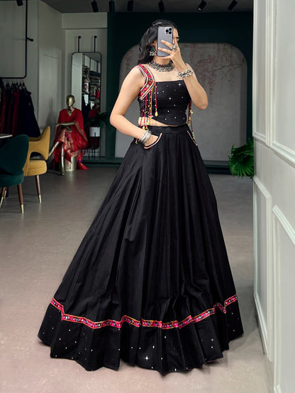 Midnight Black Mirror Work Lehenga Set with Embroidered Crop style top