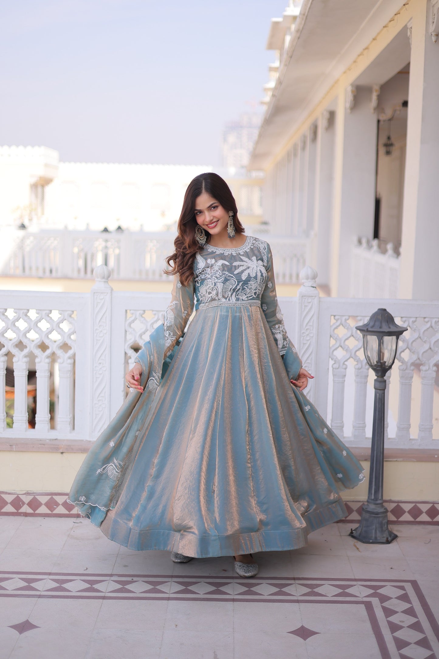 Beautiful dusty blue gown with metallic sheen