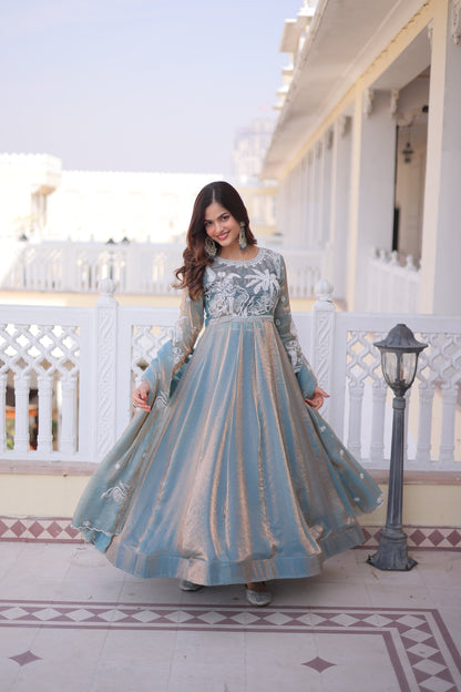 Beautiful dusty blue gown with metallic sheen
