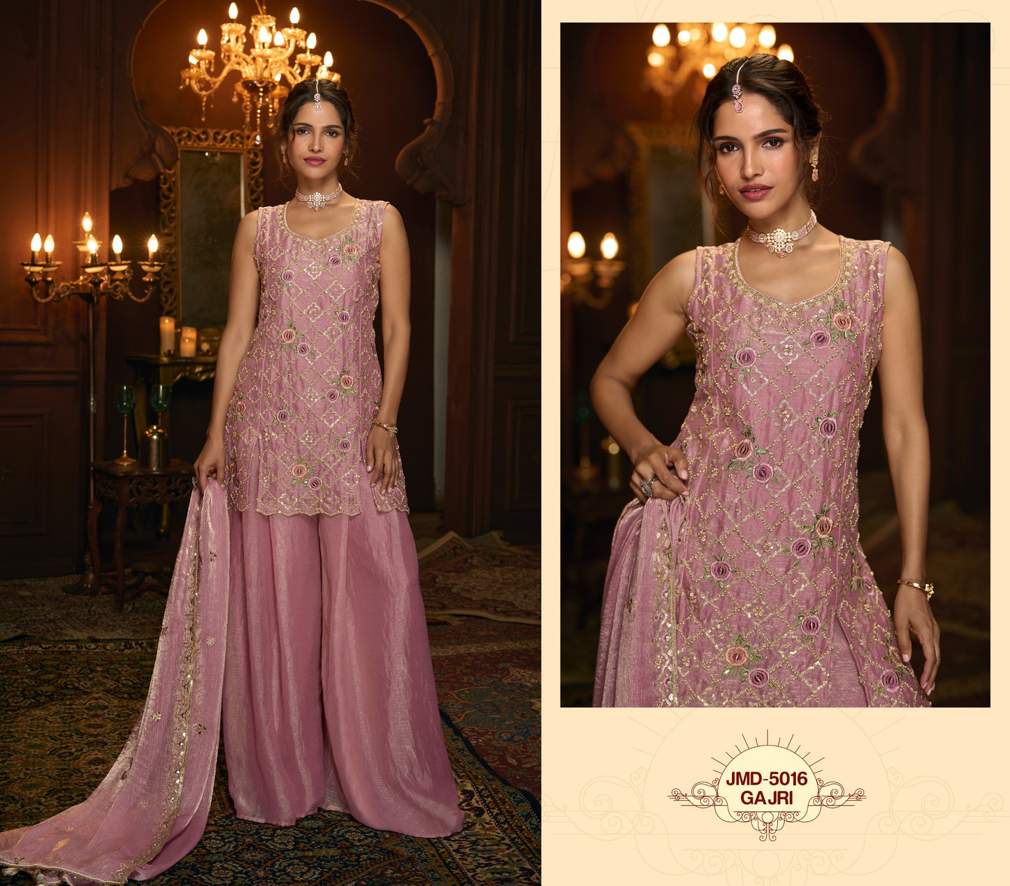 Gajri Pink Festive Fendi Sharara Suit with Floral Embroidery & Dupatta