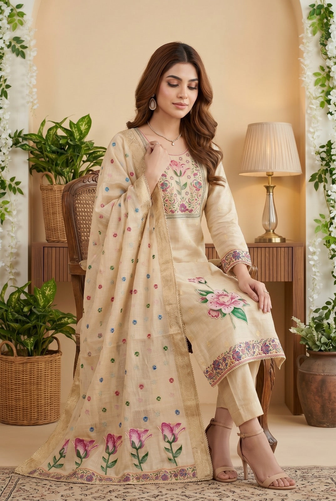 Elegant Banarsi Cotton Kurta Set with Hand Work