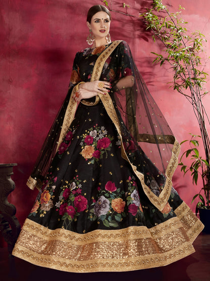 Black Floral Printed Lehenga with Designer Blouse & Net Dupatta
