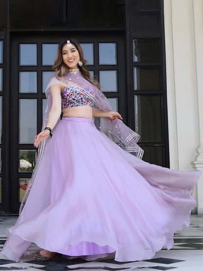 Lavender Organza Lehenga Choli with Floral Blouse