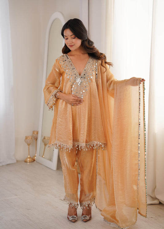 Fendy Fabric Kurti with Real Mirror Embroidered Work Bottom and Dupatta