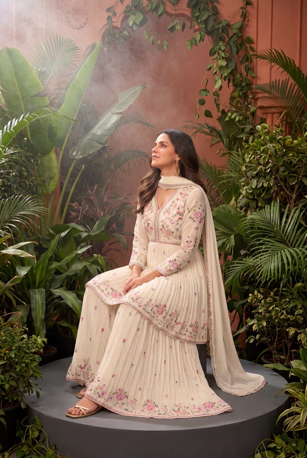 Floral Embroidered Frock-Style Chinon Sharara Set with Dupatta