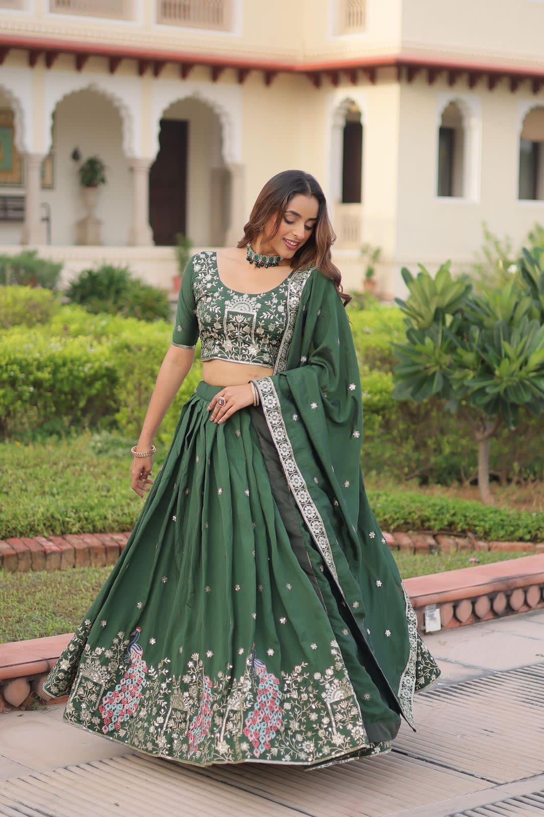 Forest Green Floral & Peacock Embroidery Lehenga Choli