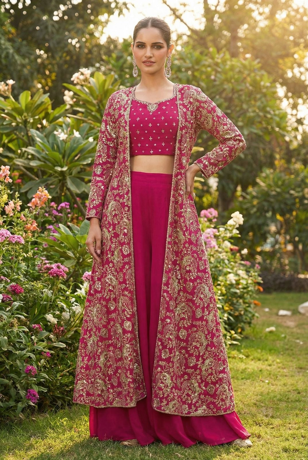 Vibrant three-piece fusion ensemble Plazo set