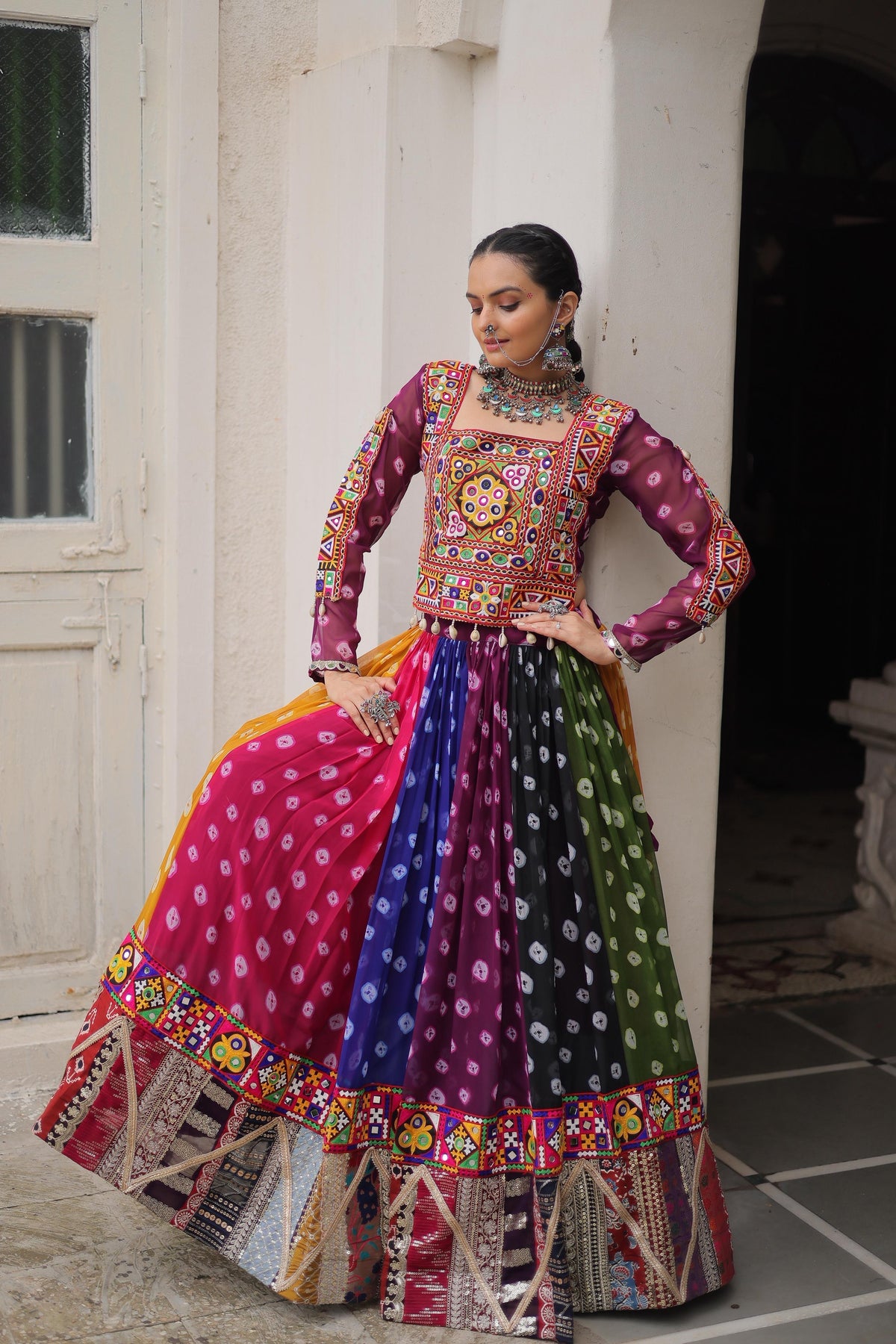 Multi-Color Bandhani & Kutchi Mirror Work Navratri Lehenga Choli