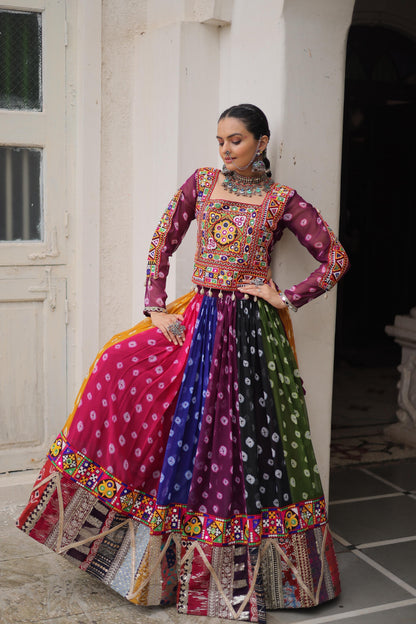 Multi-Color Bandhani & Kutchi Mirror Work Navratri Lehenga Choli