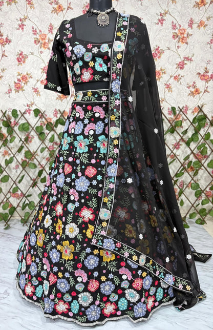 Faux Georgette Embellished With Beautiful Multi Thread Embroidered Lehenga Choli