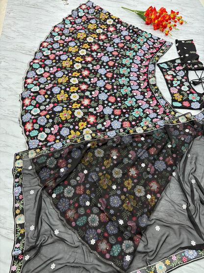 Faux Georgette Embellished With Beautiful Multi Thread Embroidered Lehenga Choli