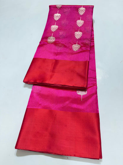 Fuchsia & Vermilion Zari Weave Chanderi Katan Silk Saree
