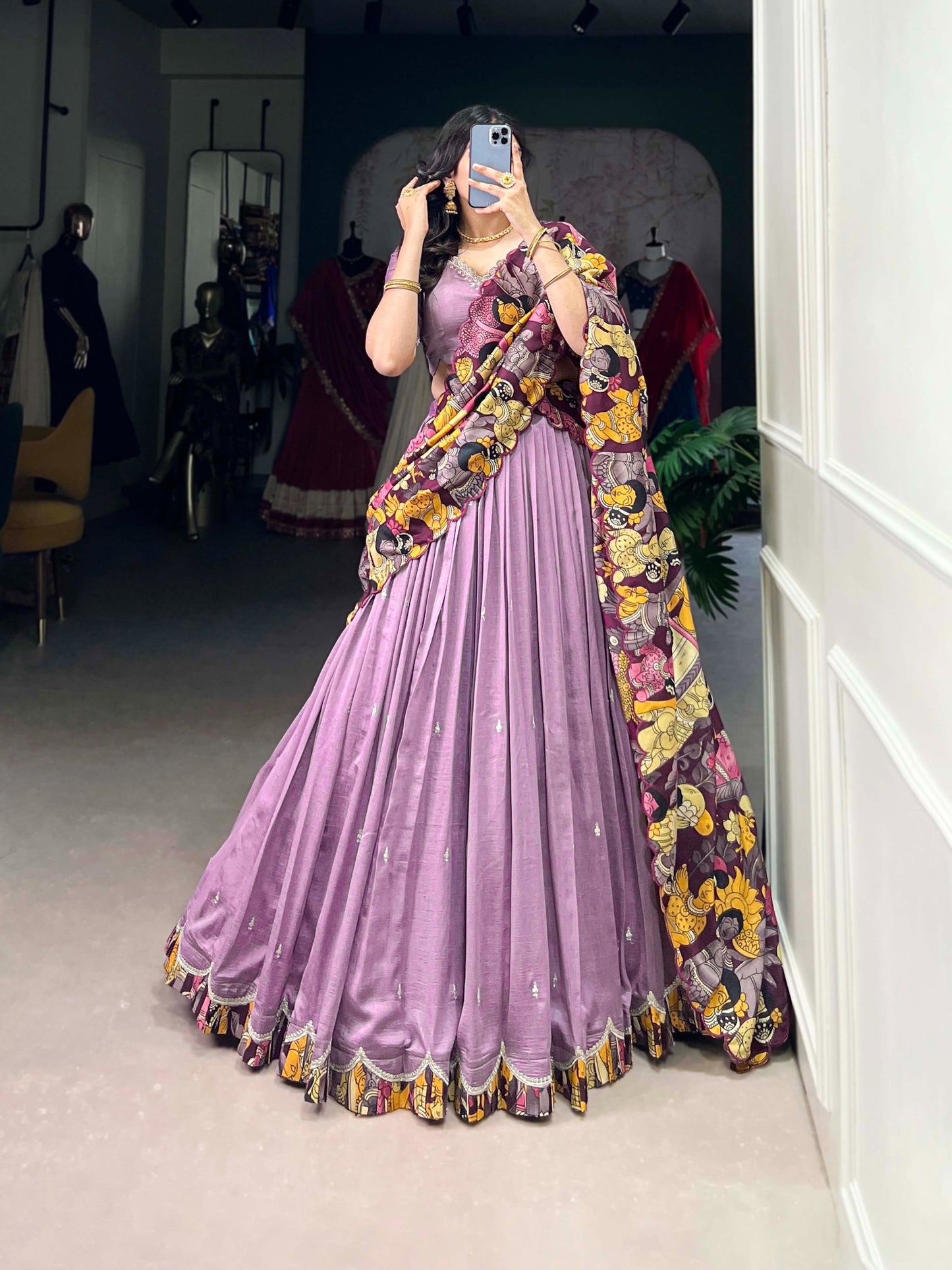 Vichitra Silk Lehenga Choli with Kalamkari Print Border & Tasar Silk Dupatta