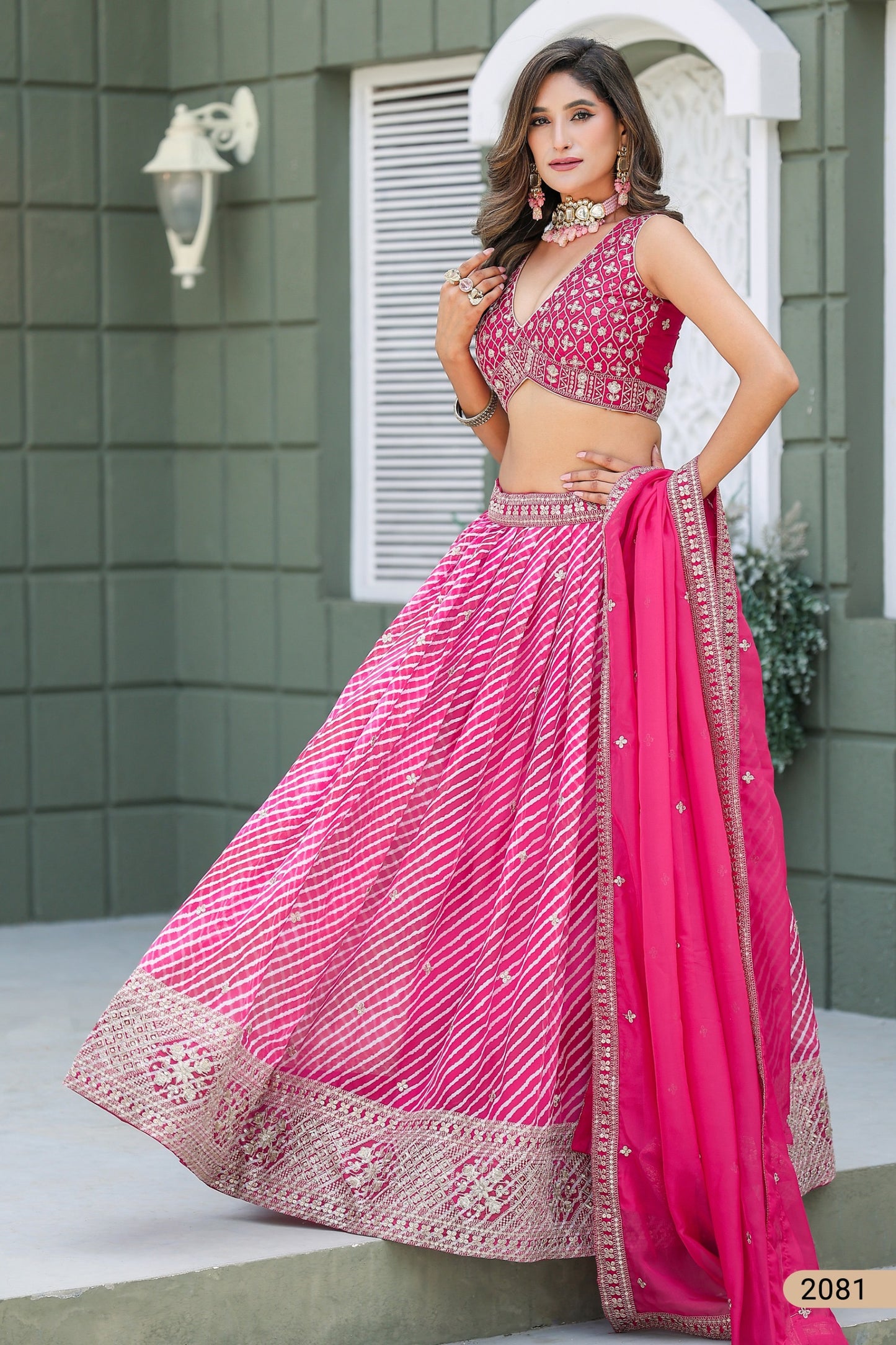 Leheriya Lehenga Choli with Embroidered Blouse and Dupatta