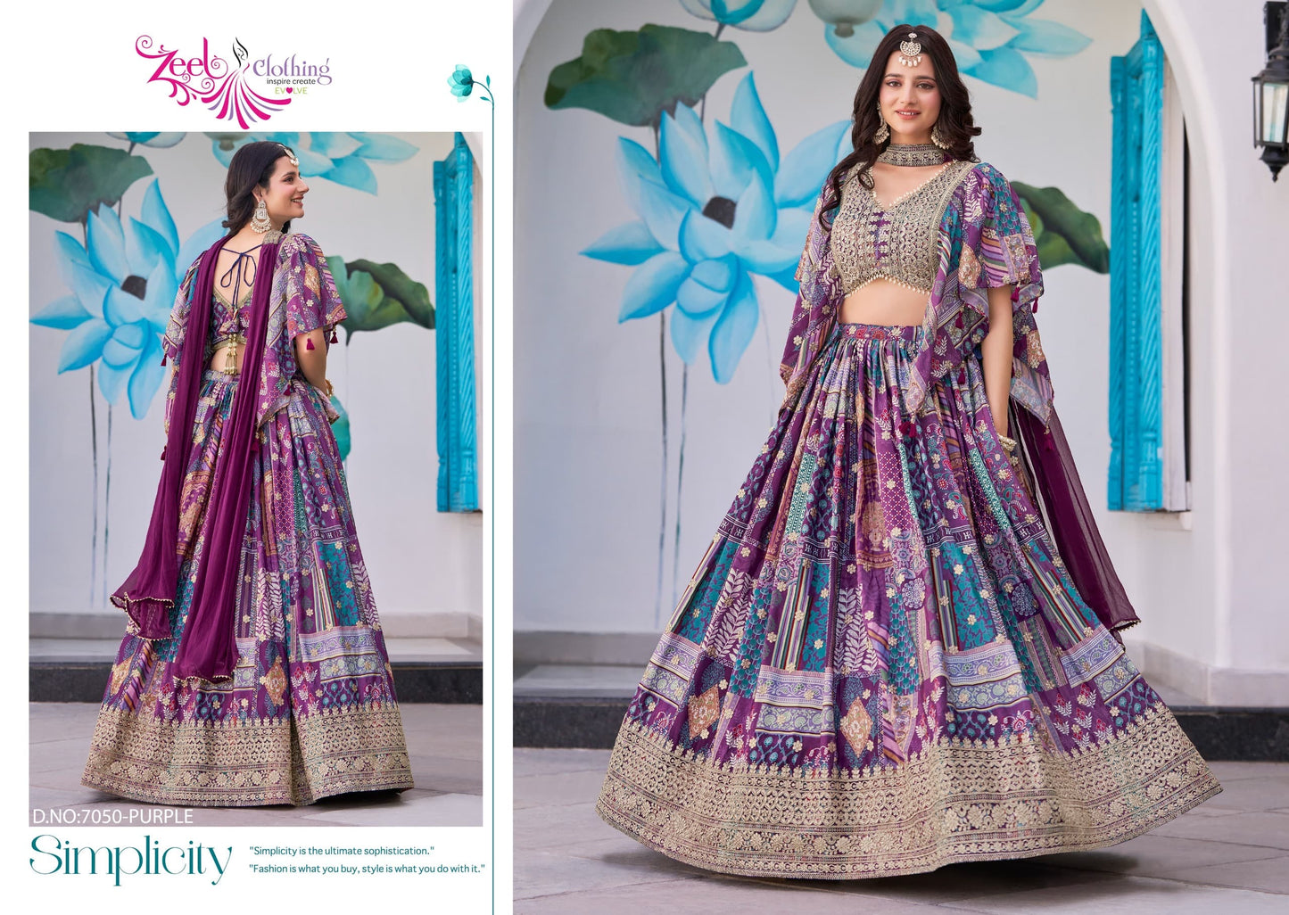 Voluminous printed lehenga paired with matching patterned cape-style dupatta