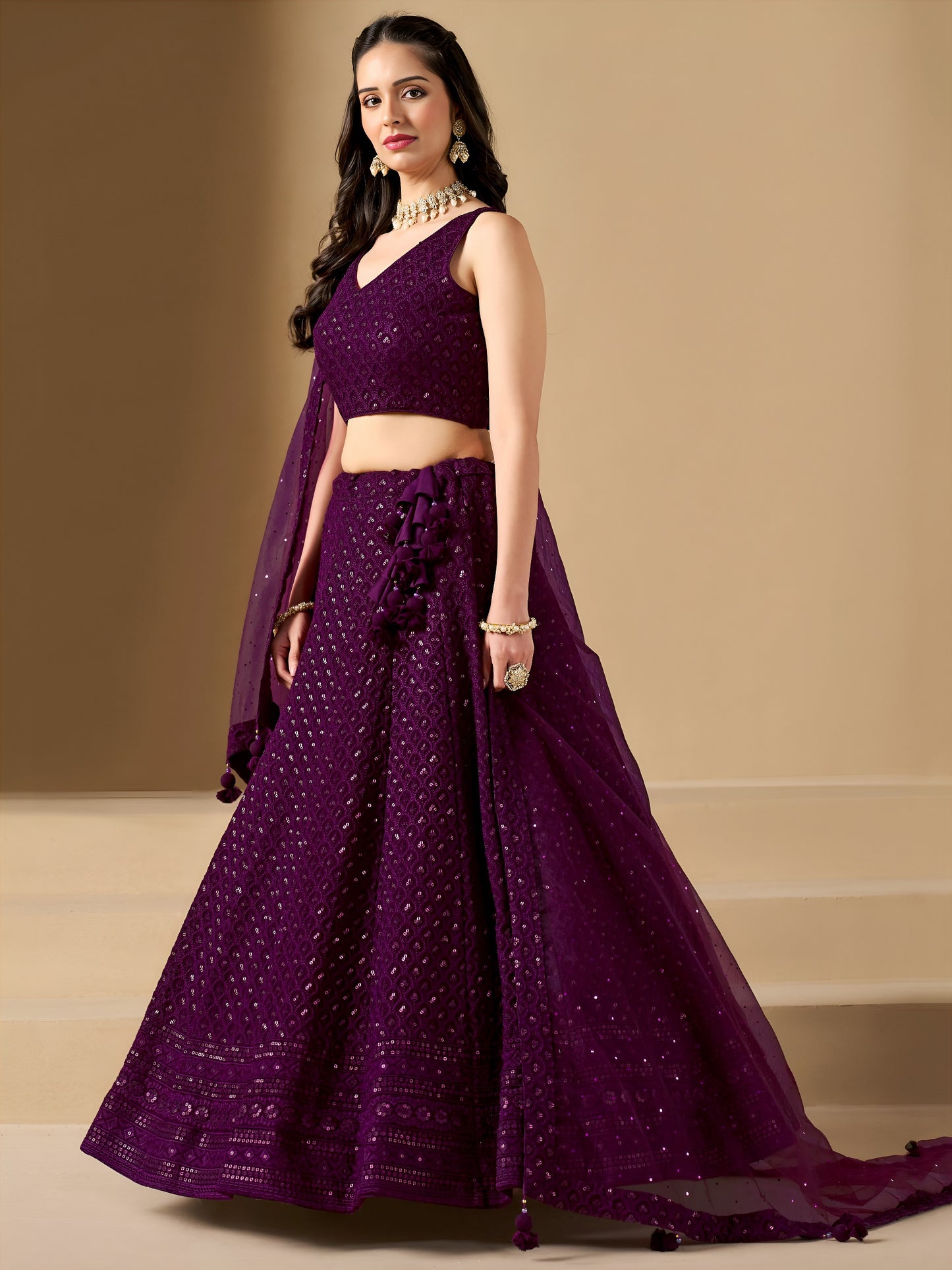 Bridesmaid Wine Georgette Lehenga Choli with Sequin & Resham Embroidery