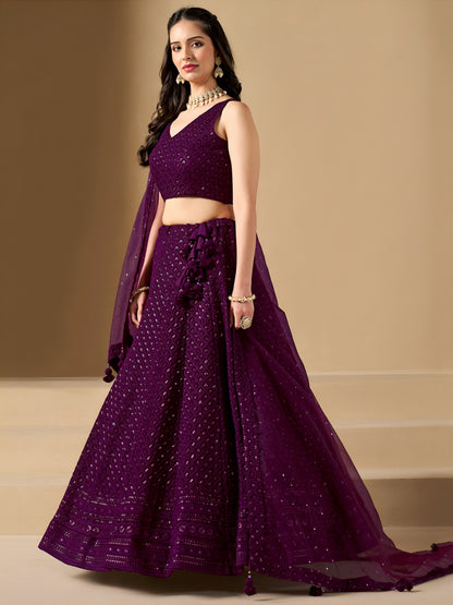 Bridesmaid Wine Georgette Lehenga Choli with Sequin & Resham Embroidery