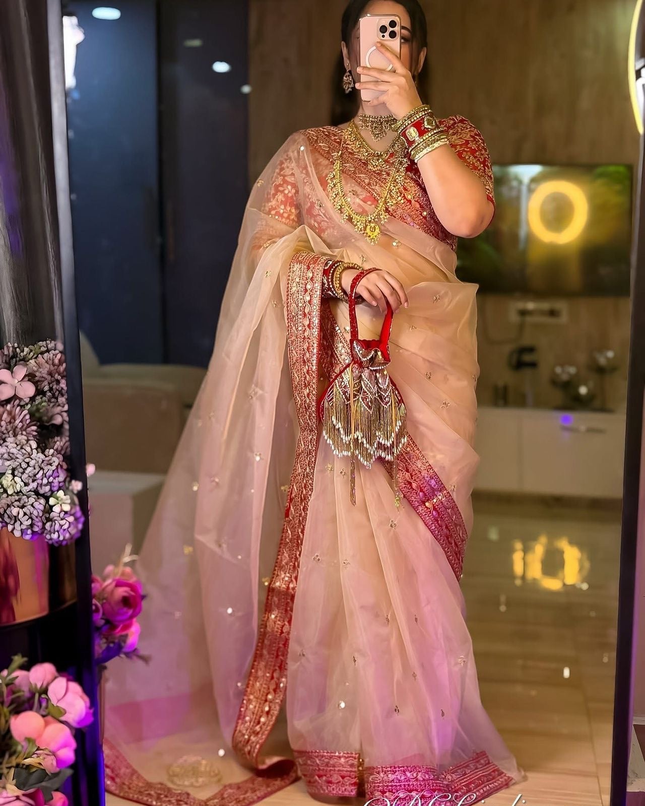 Peach Sheer Organza Saree with Embroidered Red Scallop Border