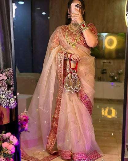 Peach Sheer Organza Saree with Embroidered Red Scallop Border