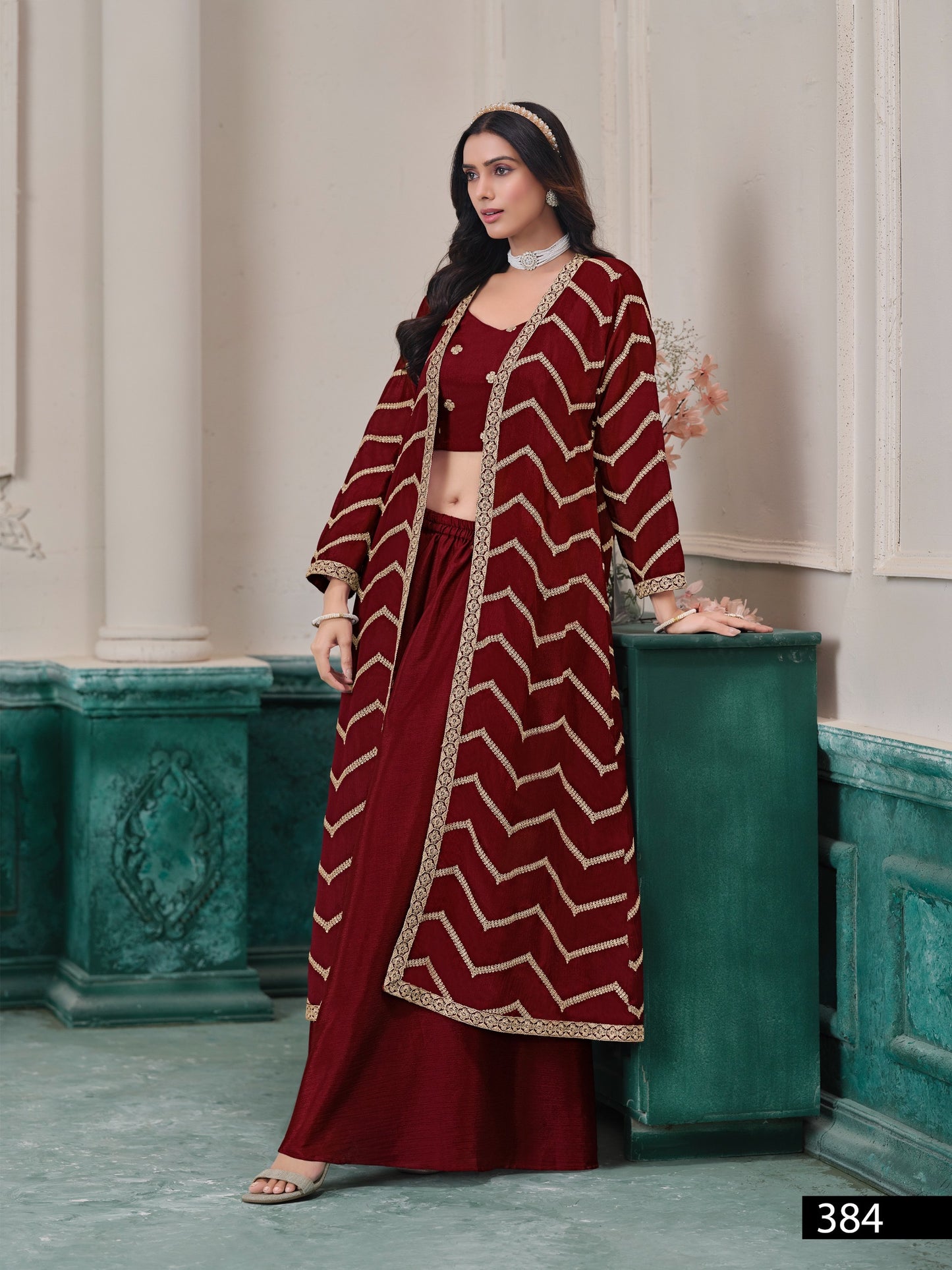 Chevron Zari Work Long Shrug Set with Crop Top and Palazzos