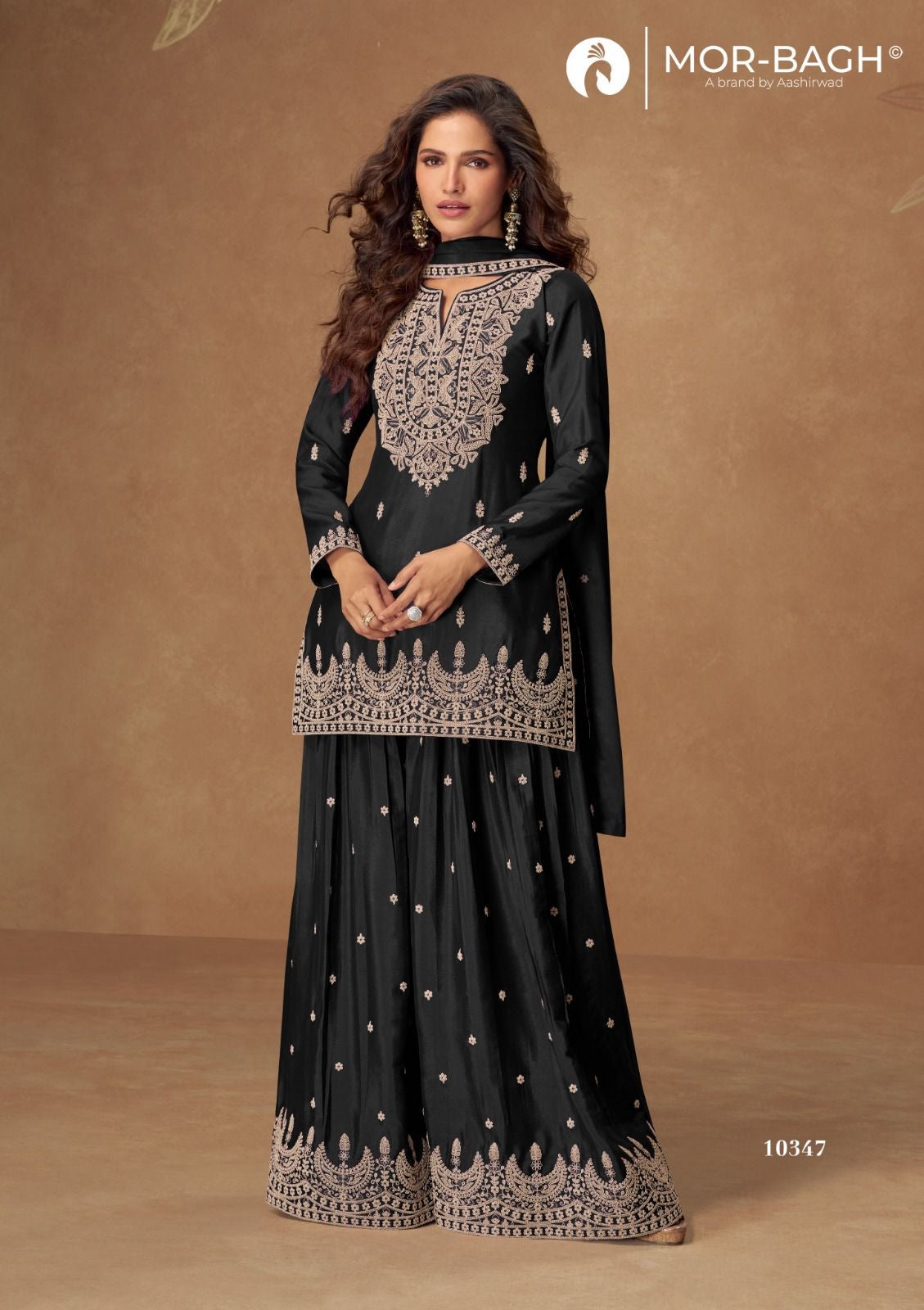 Mor-Bagh Black & Beige Embroidered Chinon Silk Plazo Kurti Set
