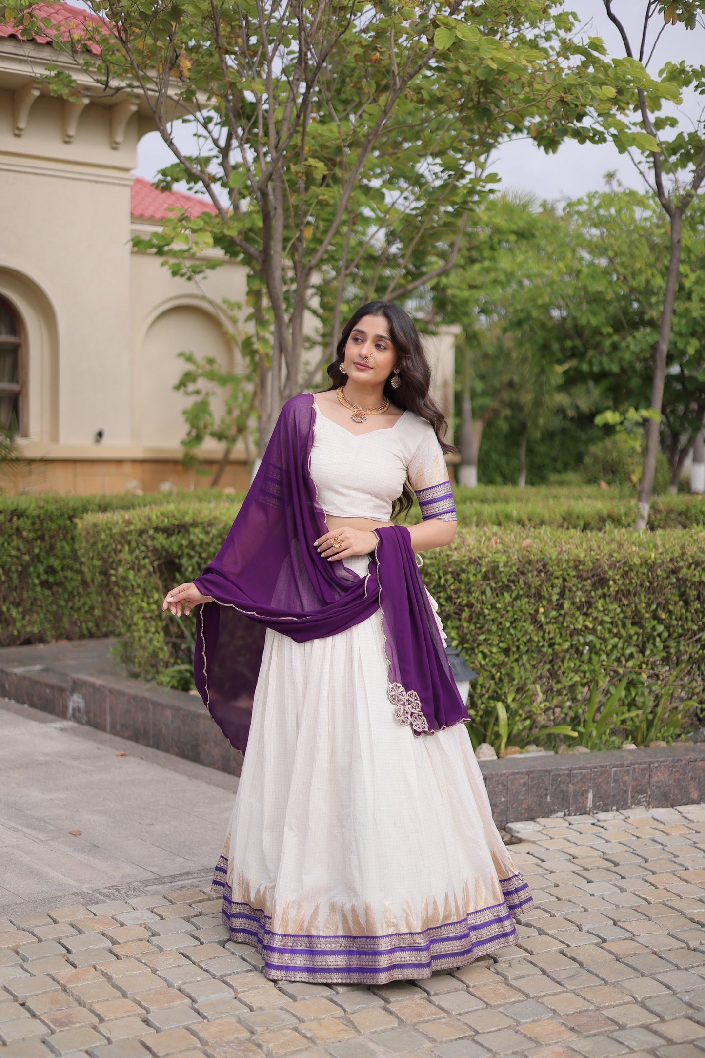 Onam Special Women's Premium Viscose jacquard Lehenga Choli Set with Contrast Dupatta