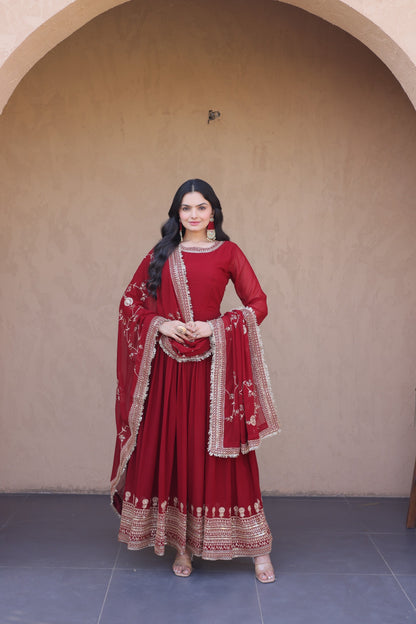 Deep Maroon Georgette Embroidered Festive Anarkali Gown