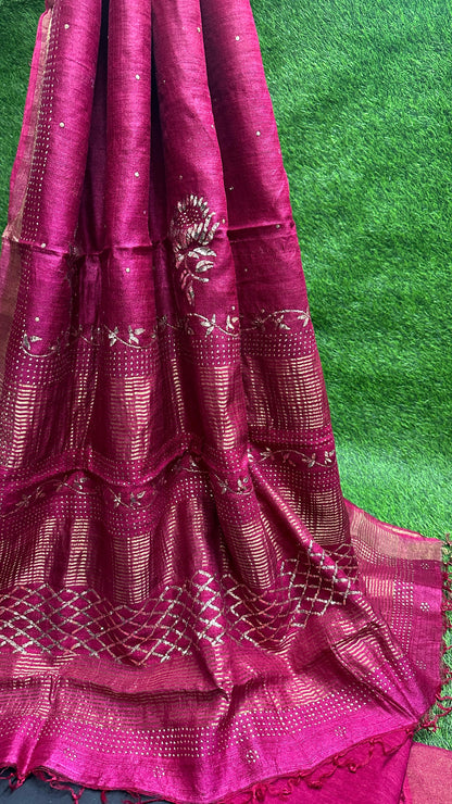 Pure Desi Tussar Silk Saree with Heavy Mukesh Work & Blouse