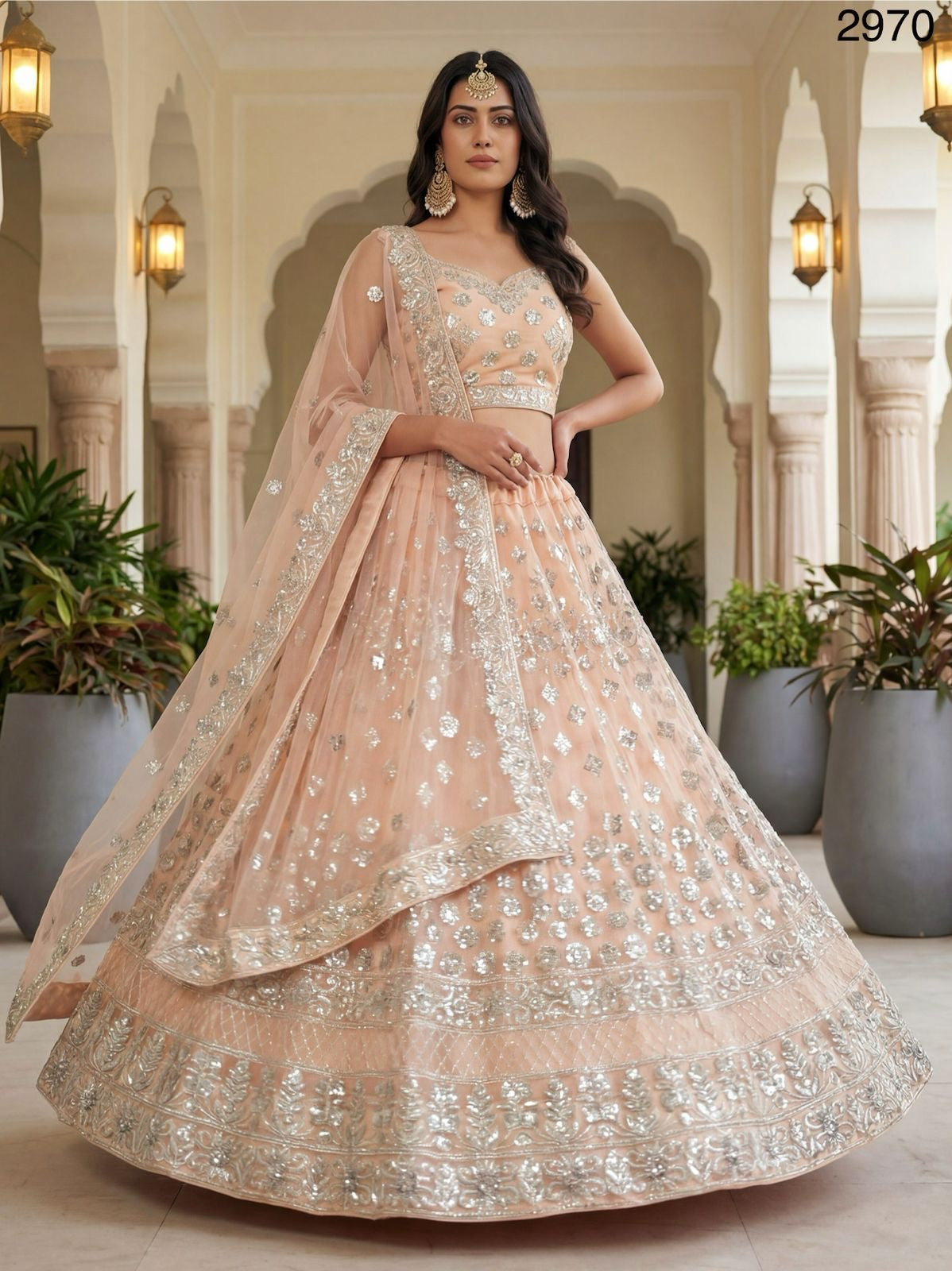 German Zari and Sequin Embroidered Silver Work Peach Lehenga Choli with Beautiful Flair