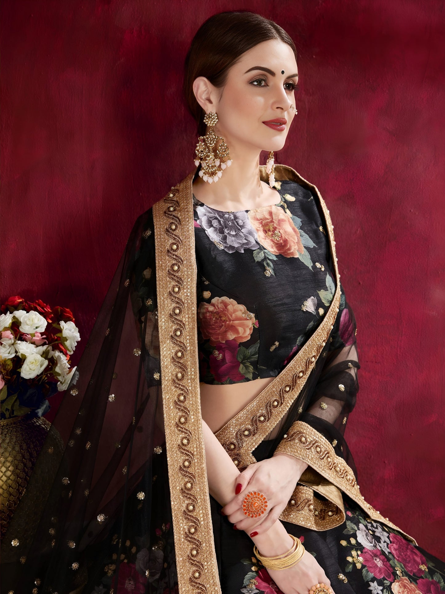 Black Floral Printed Lehenga with Designer Blouse & Net Dupatta