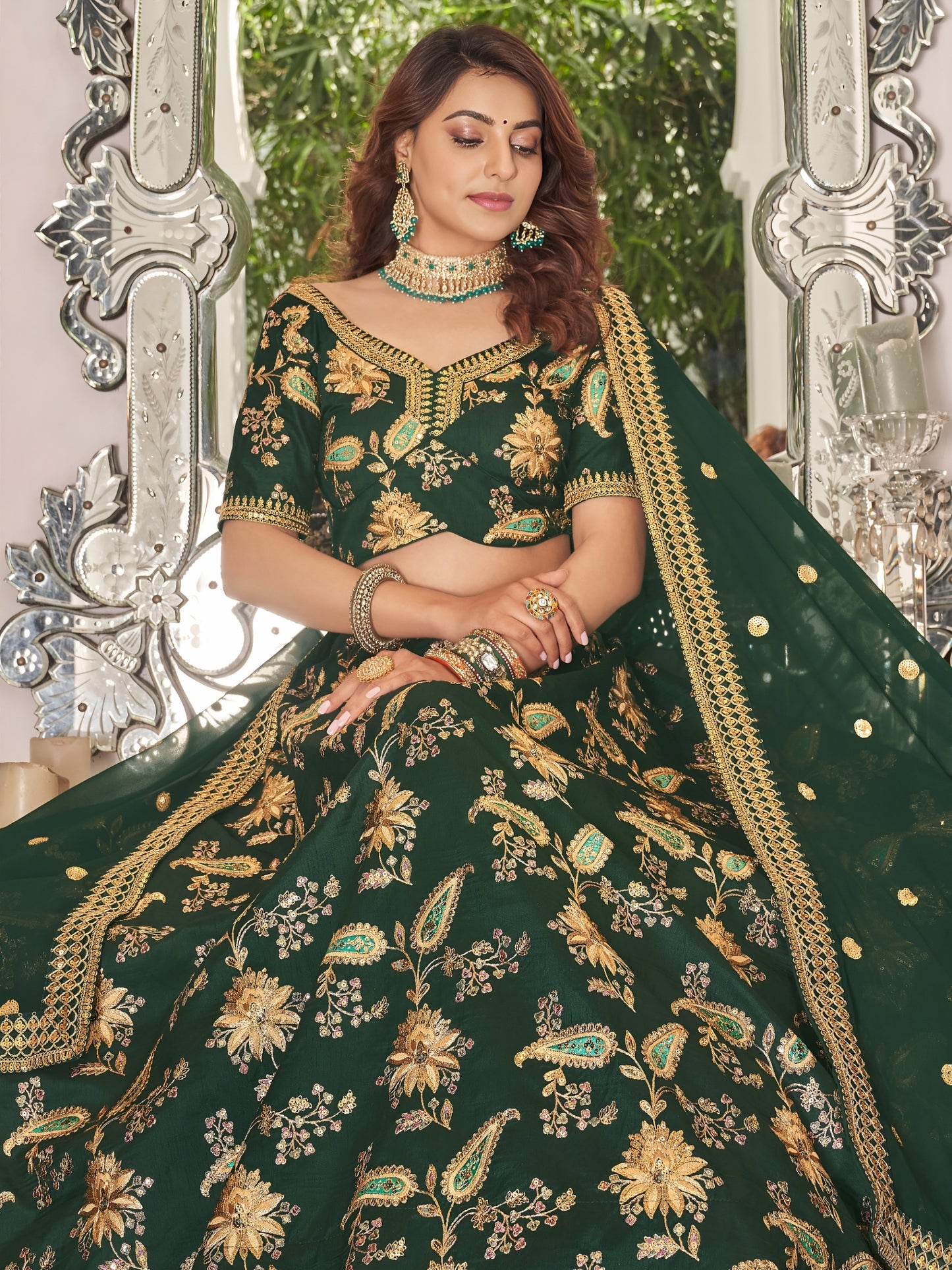 Bottle Green Designer Lehenga Choli with rich golden embroidery