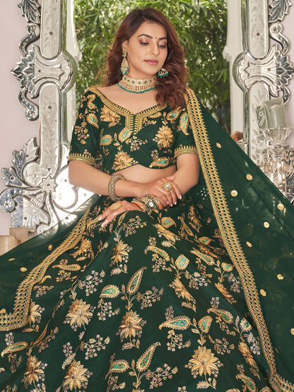 Bottle Green Designer Lehenga Choli with rich golden embroidery