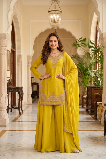 Premium Chinon plazo Suit with Intricate beads work