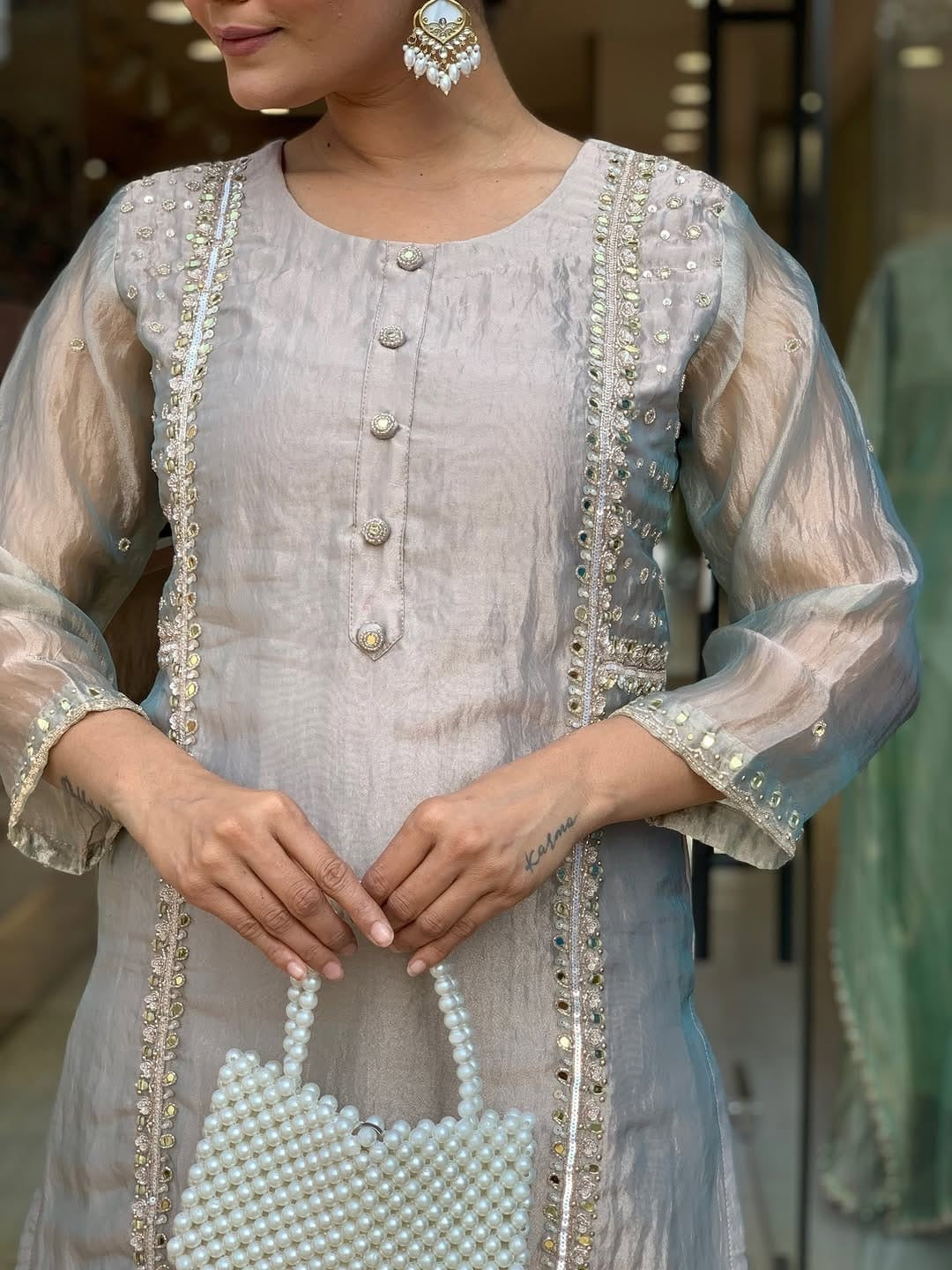 limited exclusive collection glass tissue silk kurta with zardosi work