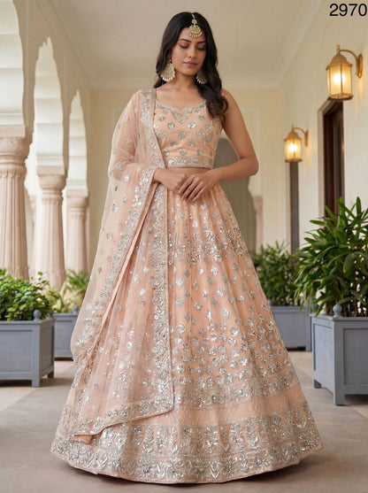 German Zari and Sequin Embroidered Silver Work Peach Lehenga Choli with Beautiful Flair