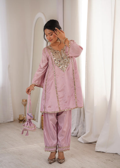 Premium Mirror Work Kurti Pant Set with Bell Sleeves & Batwa