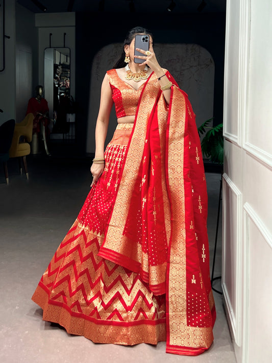 Regal Banarasi Silk Lehenga Choli with Zari Weaving & Dupatta