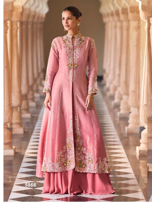 STYLIST LOOK FRONT AND BACK HEAVY EMBROIDERED SHRUG WITH BLOUSE AND PLAZZO