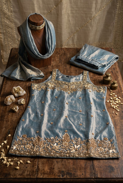 Tora Silk Plazo Kurta Set with Embroidery & Choker Style Cape Dupatta
