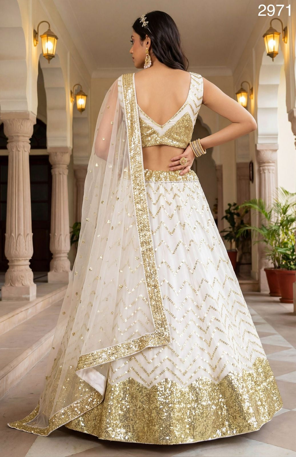 Golden Sequin work Designer White Bridemaid lehenga choli