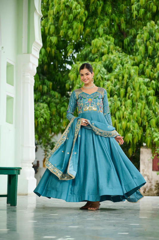 Vichitra Silk Anarkali Gown with Zari Sequin & Multi-Thread Embroidery