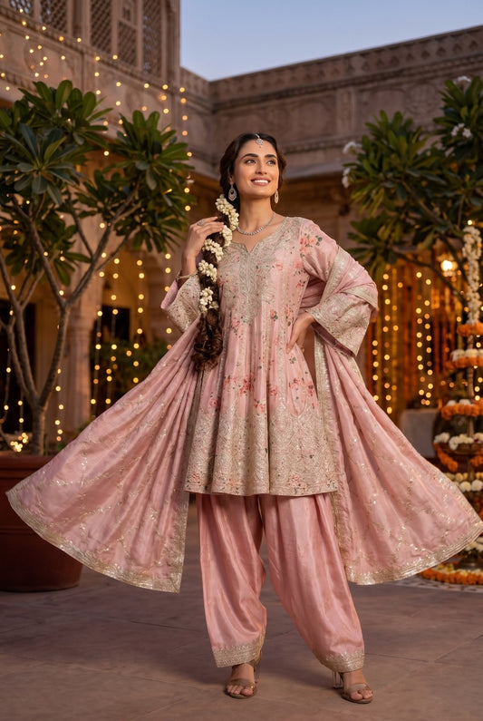 Blush Pink Floral Anarkali Kurta with Patiala Salwar & Dupatta