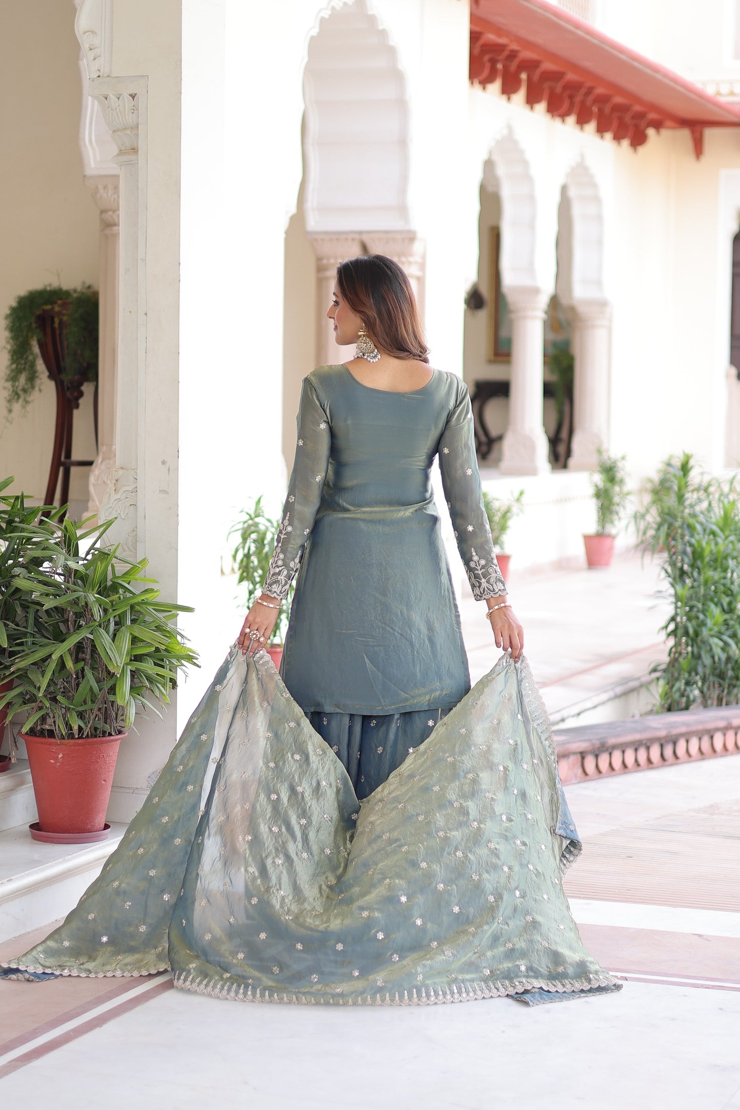 Premium Designer Sharara Set - Fendi Silk Embroidered Kurti with Dupatta