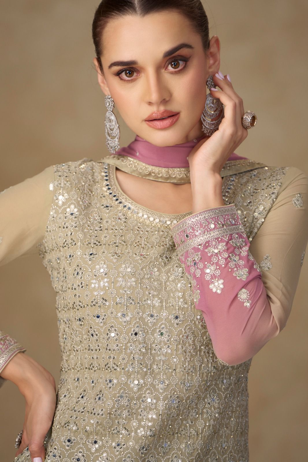 Georgette Sharara Suit with Mirror Work and intricate sequins