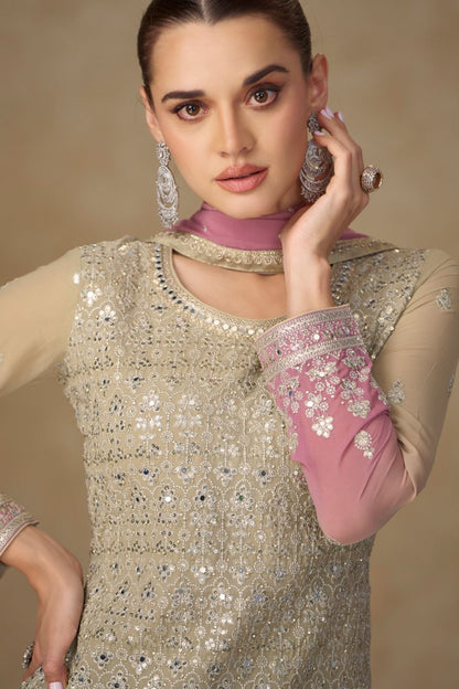 Georgette Sharara Suit with Mirror Work and intricate sequins