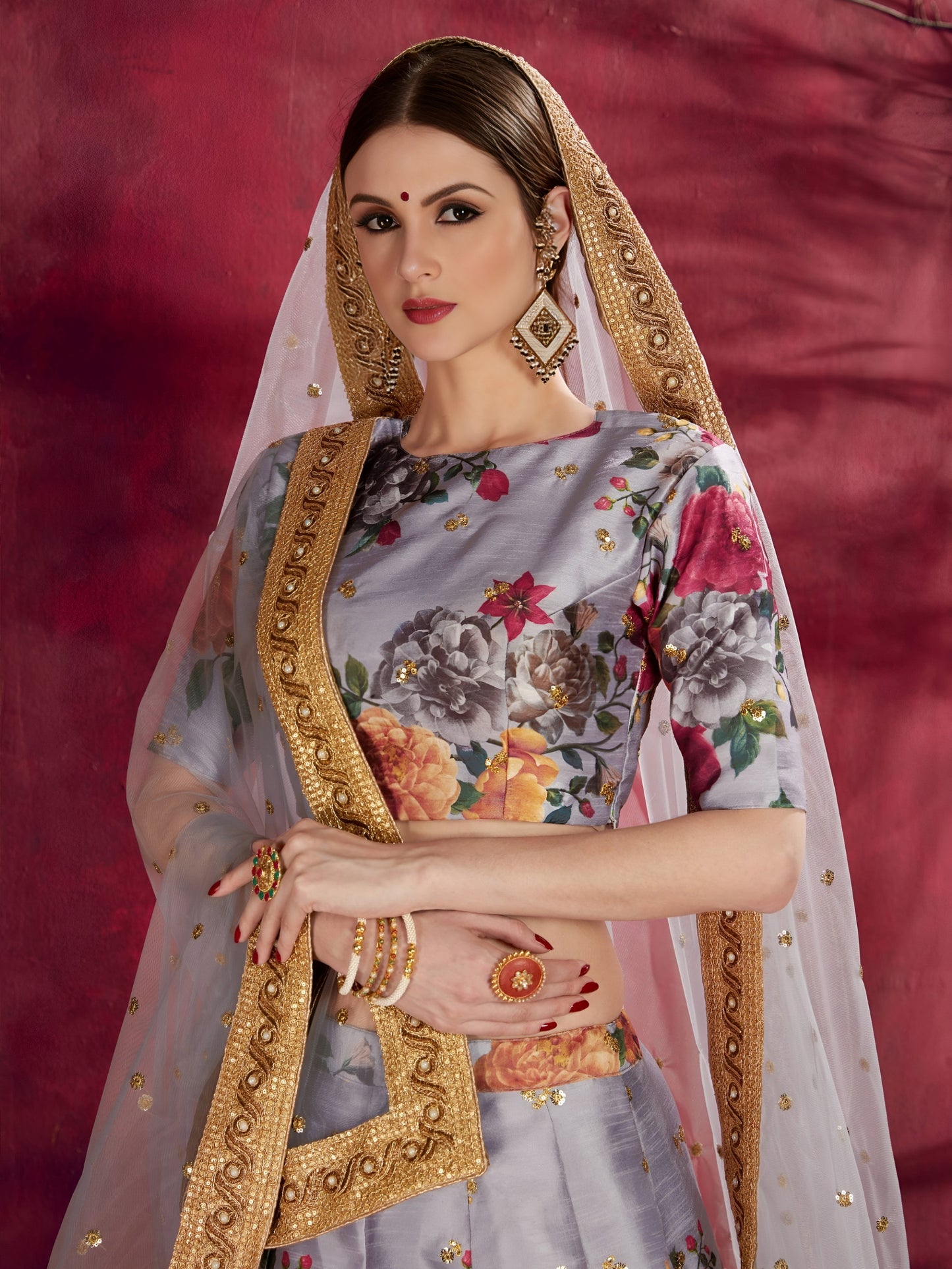 Grey Floral Printed Lehenga with Designer Blouse & Net Dupatta