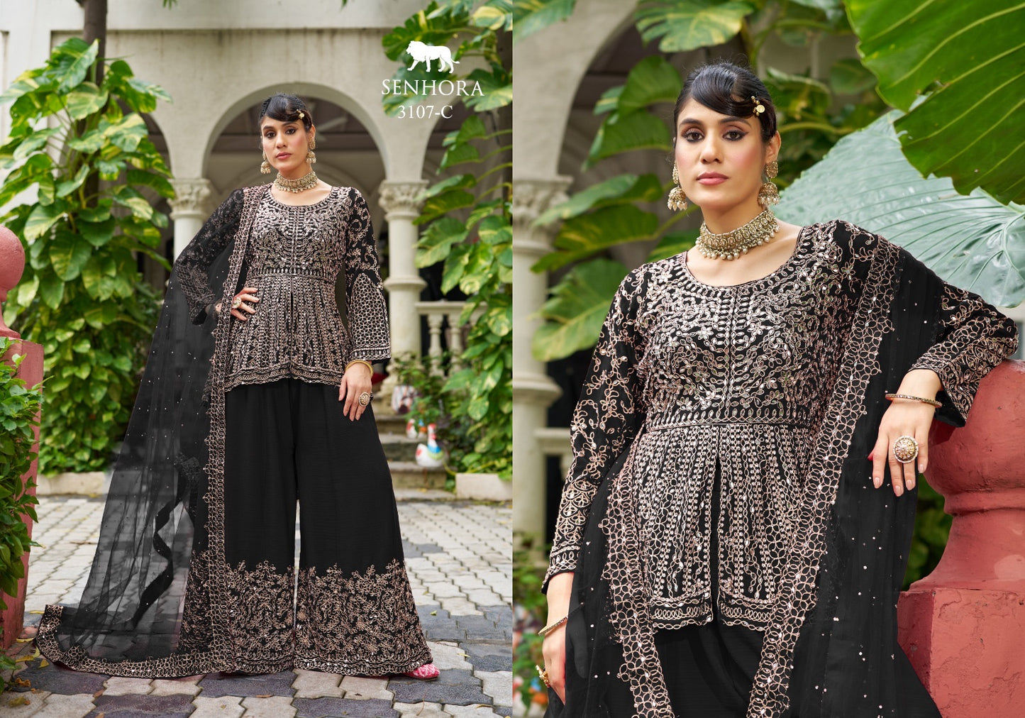 Chinon Sharara Set with Real Mirror Embroidery & Net Dupatta