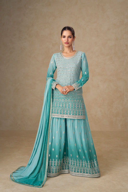 Georgette Sharara Suit with Mirror Work and intricate sequins