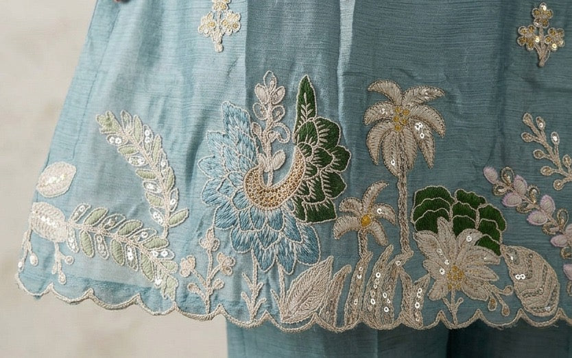 Floral Embroidered Frock-Style Chinon Sharara Set with Dupatta