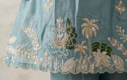 Floral Embroidered Frock-Style Chinon Sharara Set with Dupatta